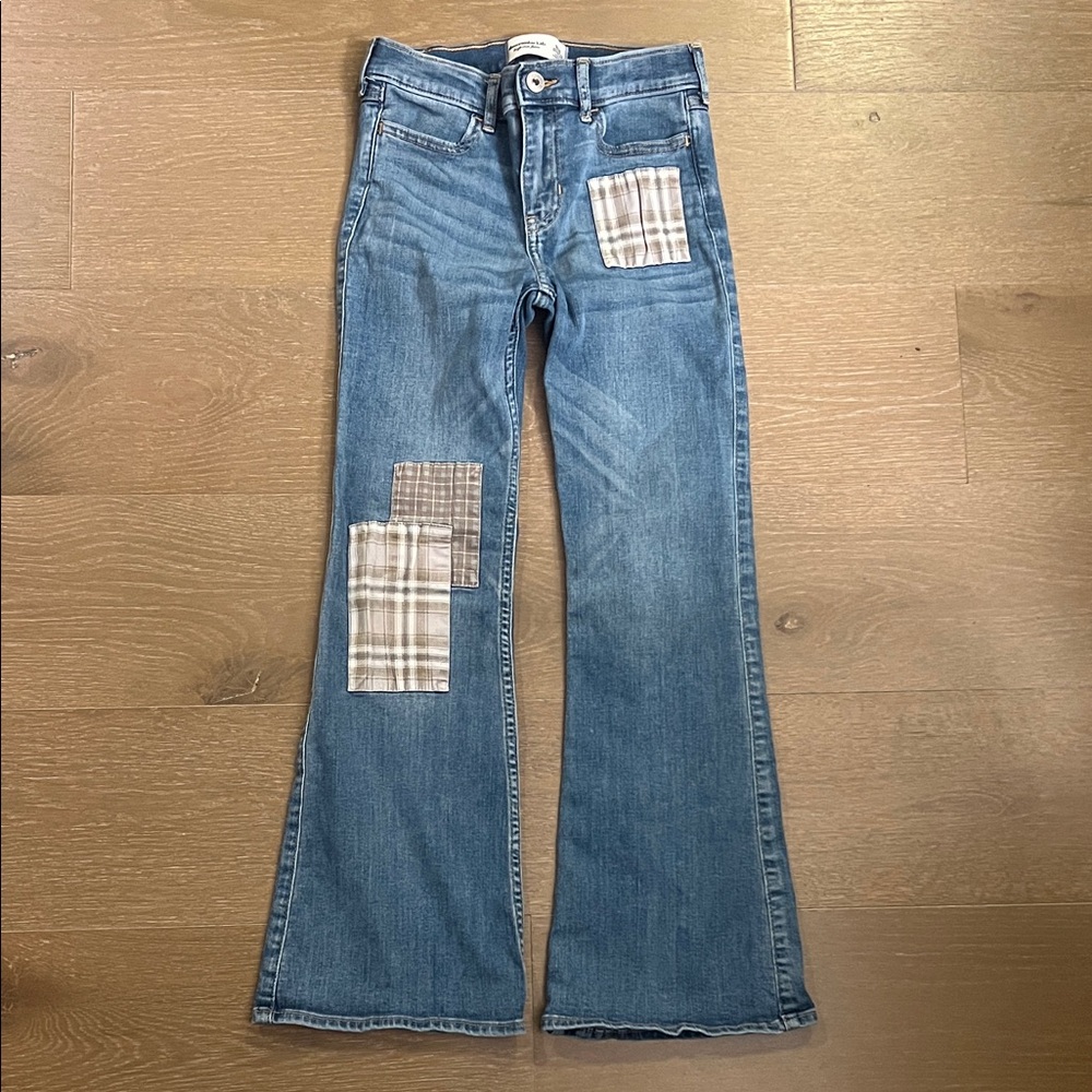 Abercrombie Kids Blue Flare Jeans with Plaid Patches | 9-10